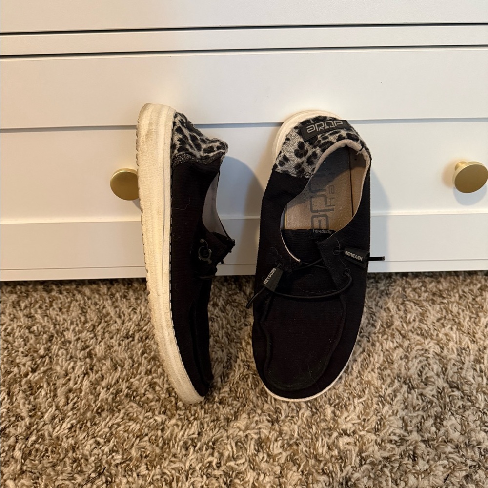 Black Womens HeyDudes with Leopard Accent